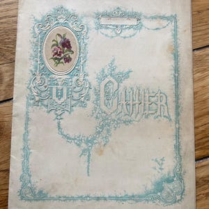 NUEVO STOCK Exquisito libro antiguo francés decorativo de 1888, manuscrito para madre y padre, efímera de papel antiguo.
