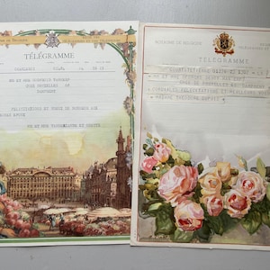 NUEVO STOCK: par de exquisitas cartas mecanografiadas con telegramas decorativos franceses de Bélgica de los años 50, papel efímero antiguo