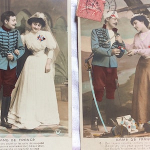 Sammlung von 3 Original 1900 farbige getönte Vintage französische Militär WW1, Souvenir Postkarten Journal Scrapbook