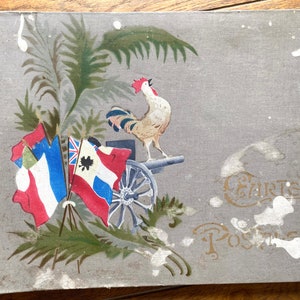 NUOVO STOCK Splendido album fotografico di cartoline vuote francesi shabby con copertina di galletto e bandiere