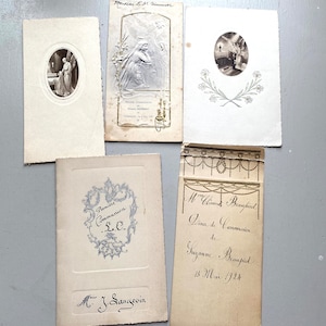 NOVO ESTOQUE Linda coleção de cartões de menu franceses de confirmação de batismo religioso vintage datados de 1920-40, itens efêmeros de papel, álbum de recortes