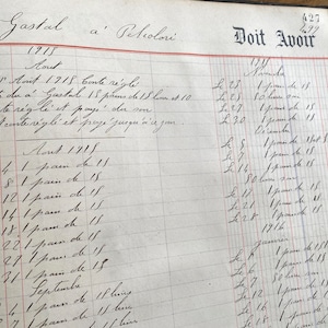 Grandi fogli di pagine di conti contabili di panetterie di panetterie francesi antiche scritte a mano 1914-18, vecchi documenti effimeri