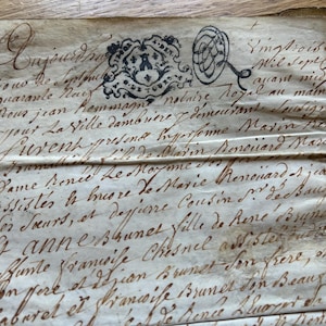 NUOVO STOCK Antico timbro francese del 1749, pergamena scritta a mano, 4 pagine di documenti con francobolli, carta antica scritta a mano