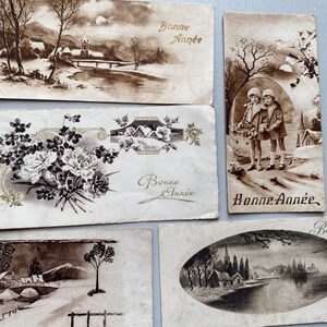 Collection de petites cartes de Noël vintage françaises des années 1930/40 / Cartes Bonne Anne du Nouvel An, tons sépia