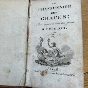 Nuovo stock, splendido libro antico in pelle francese del 1813 con spartiti musicali, illustrazioni e carta antica