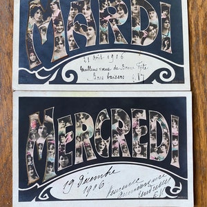 Insolita coppia di cartoline souvenir francesi vintage del martedì e del mercoledì dei giorni della settimana del 1900