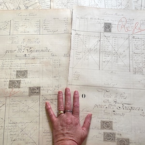 NUOVO STOCK Antico libro mastro francese del 1880 Pagina di carta spessa e grande con francobolli straordinari Vecchio artigianato di carta Ephemera
