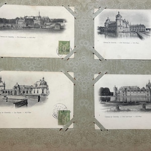 NEUER STOCK Ungewöhnliche 1900's Album Seite und 4 Postkarten Französische Vintage Chantilly Souvenir Postkarten Wand Deco
