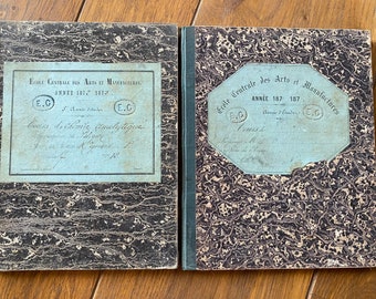 Paire de livres scolaires originaux de mécanique/mathématiques/arpenteurs-géomètres originaux vintage 1872 manuscrits en français avec dessins, carnet de scrapbooking