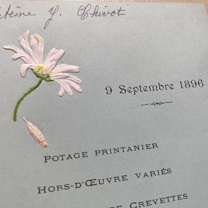 NOWE WARTOŚCI Bajeczne francuskie menu ślubne z jasnoniebieskim stokrotkiem z 1896 r. Stare papierowe efemerydy