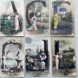 NUEVO STOCK Postales antiguas originales de 1904 con iniciales del alfabeto francés, sellos manuscritos para damas y niños, papel antiguo efímero