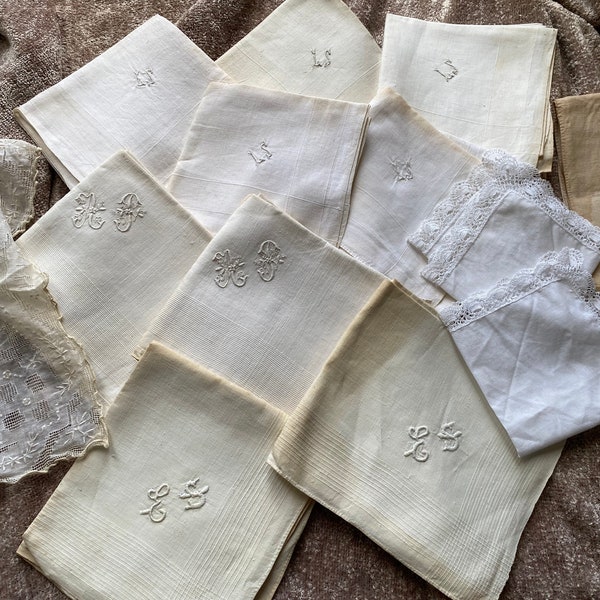 NEW STOCK Antique & Vintage Mixed Collection of French Lace Embroidered monogrammed Handkerchiefs Napkins Serviettes  Scrapbook Project
