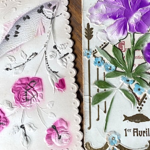 Prachtige mooie paar 1 april antieke Franse ansichtkaart reliëf vis bloem verjaardag wenskaart Ephemera
