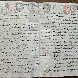 NUOVO STOCK Favoloso raro antico 1700 francese manoscritto timbro rosso 24 pagine carta pergamena documento manoscritto carta vecchia