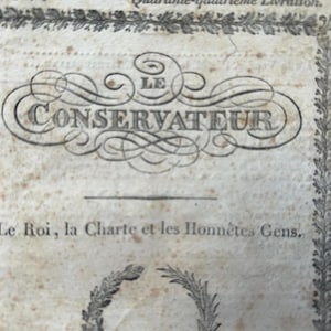 NUOVO, splendido opuscolo di giornale politico antico francese dattiloscritto del 1819, documenti ufficiali Le Conservateur, carta per ritagli, effimera