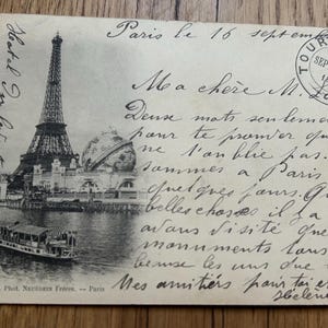NUEVO STOCK Postal antigua original de 1900 manuscrita francesa vintage de la Torre Eiffel efímera antigua