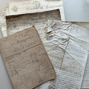 May include: A collection of antique, aged papers with handwritten script and faded ink. The papers feature stamps and seals, with visible text including names and dates. The overall aesthetic is vintage and historical.