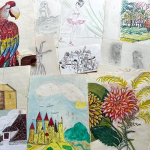 NUEVO STOCK Colección grande inusual de 23 dibujos de bocetos franceses antiguos, papel escolar efímero