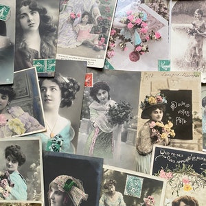 NUEVO STOCK Colección de 10 postales francesas vintage escritas a mano con temática de damas, papel efímero, decoupage, proyecto de manualidades