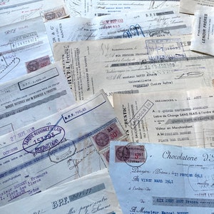 NOVO ESTOQUE Linda coleção de faturas e cheques de supermercado vintage francês da década de 1930, cartas, papéis timbrados, papel para caligrafia e itens efêmeros para scrapbook