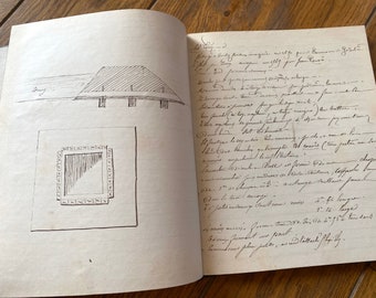 Livre d'école de mécanique/mathématiques/arpenteurs-géomètres vintage français vintage 1870, incroyable et unique, avec des dessins, un journal de scrapbooking