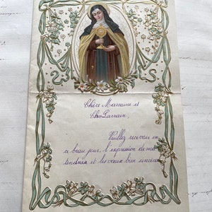NUEVO STOCK Exquisitas flores decorativas con letras infantiles religiosas francesas de la década de 1923, efímeras de papel antiguo en 3D