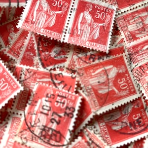 Over 100 Used Vintage French Stamps Red Colour Timbre dating from 1930’s Upwards Old Paper Ephemera Crafting