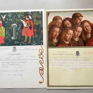 NUEVO STOCK: par de exquisitas cartas mecanografiadas con telegramas decorativos franceses de Bélgica de los años 50, papel efímero antiguo