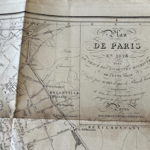 STOCK NEUF Rare ancienne 1828 grande carte de Paris Baudouin Frères ancienne tenture murale en papier éphémère
