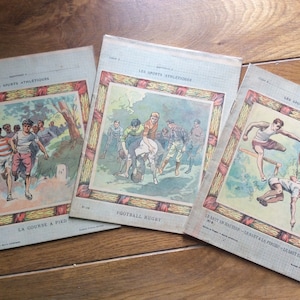 Preciosa colección de 3 libros escolares de escritura de texto en francés vintage de 1900, papel efímero sin usar con temática deportiva