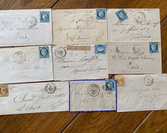 NOUVEAU STOCK Belle collection de 9 petites enveloppes françaises des années 1800 avec des timbres Bundle de journal indésirable vieux papier éphémère