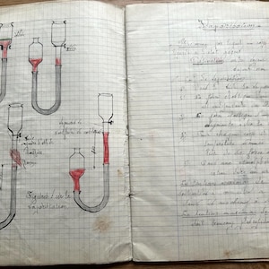 NEUER STOCK Erstaunliche schmuddelige französische Physik handgeschriebenes College-Schule-Taschenbuch der 1930er Jahre Altes Papier Ephemera