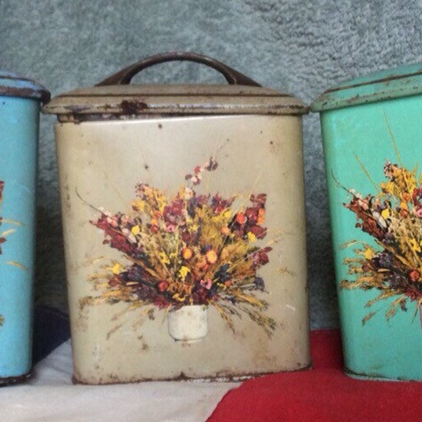 Set of Three Vintage French Shabby Storage Cannisters/ Tins with Lids