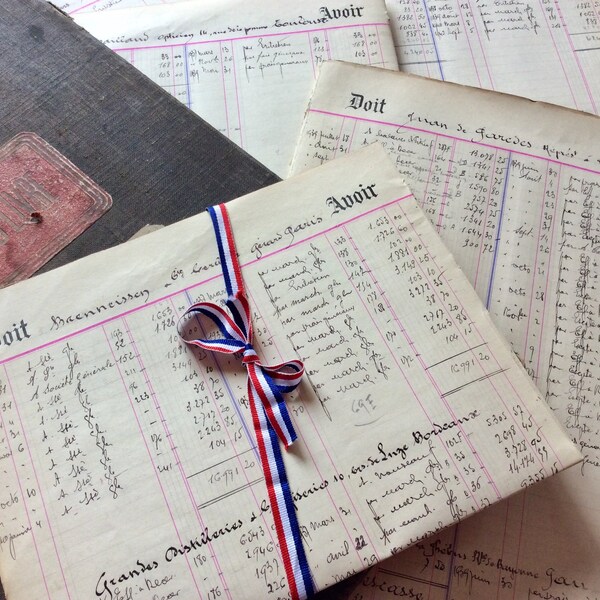Large Antique Vintage French Handwritten  Ledger Accounts Pages Sheets 1939 Old Paper Ephemera