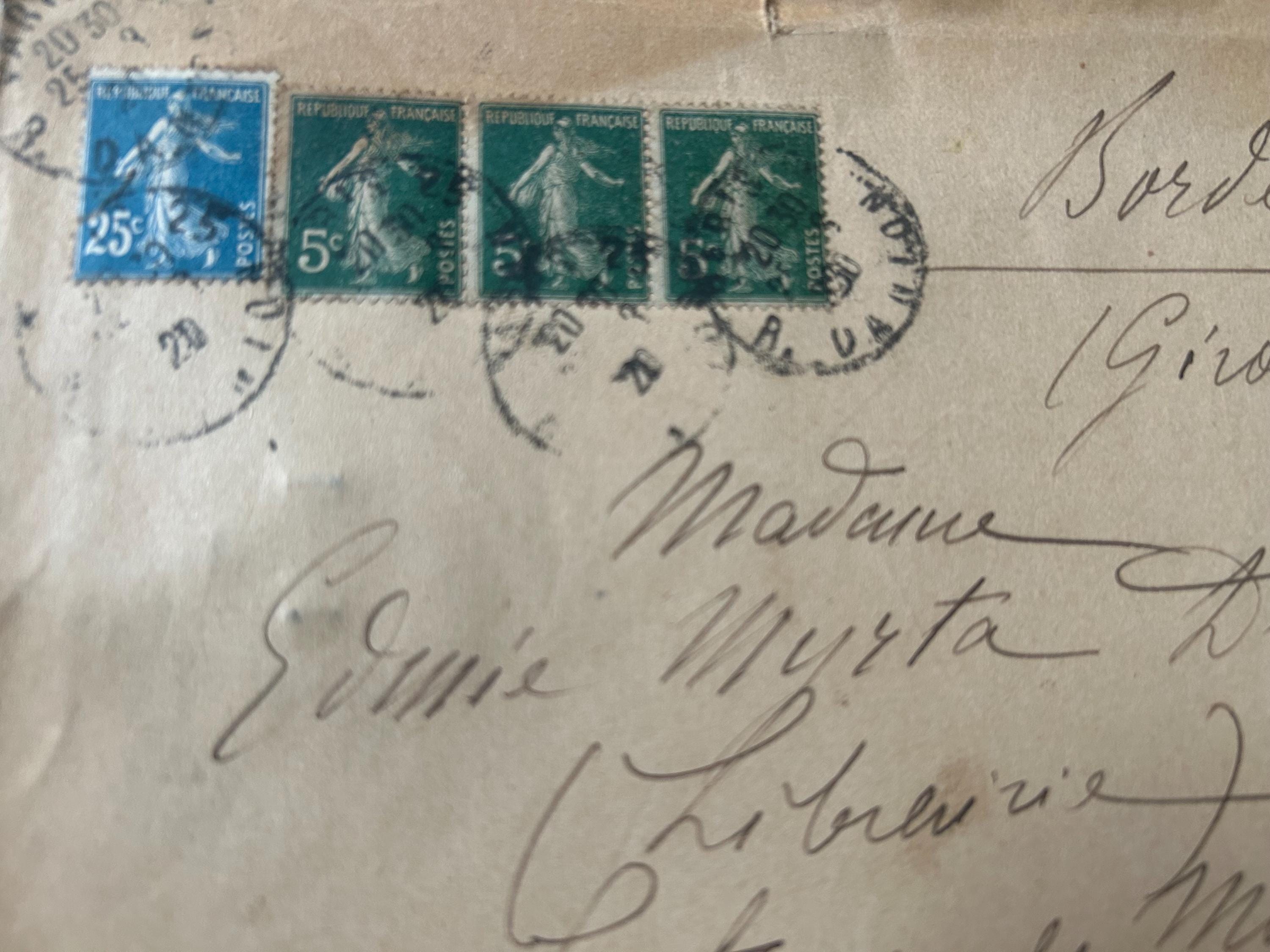 NEW STOCK Vintage 1920 Wax Stamped Addressed French  Envelope Old Paper