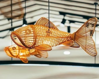 Lámpara colgante de ratán con pantalla de pez, lámpara colgante con forma de pez koi, lámpara colgante decorativa