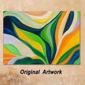 Könnte beinhalten: Originales Kunstwerk mit einem abstrakten Design aus fließenden Linien und lebendigen Farben. Das Gemälde zeigt eine Mischung aus Grün-, Gelb-, Orange- und Blautönen, die eine dynamische Komposition erzeugen. Der Text "Original Artwork" befindet sich unten.