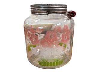 Vintage Floral Glass Canister Jar | 1970s Kitchen Storage with Red Handle