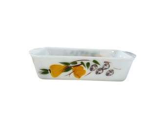 Fire King Hand Painted Fruit Loaf Pan | Anchor Hocking Milk Glass Baking Dish