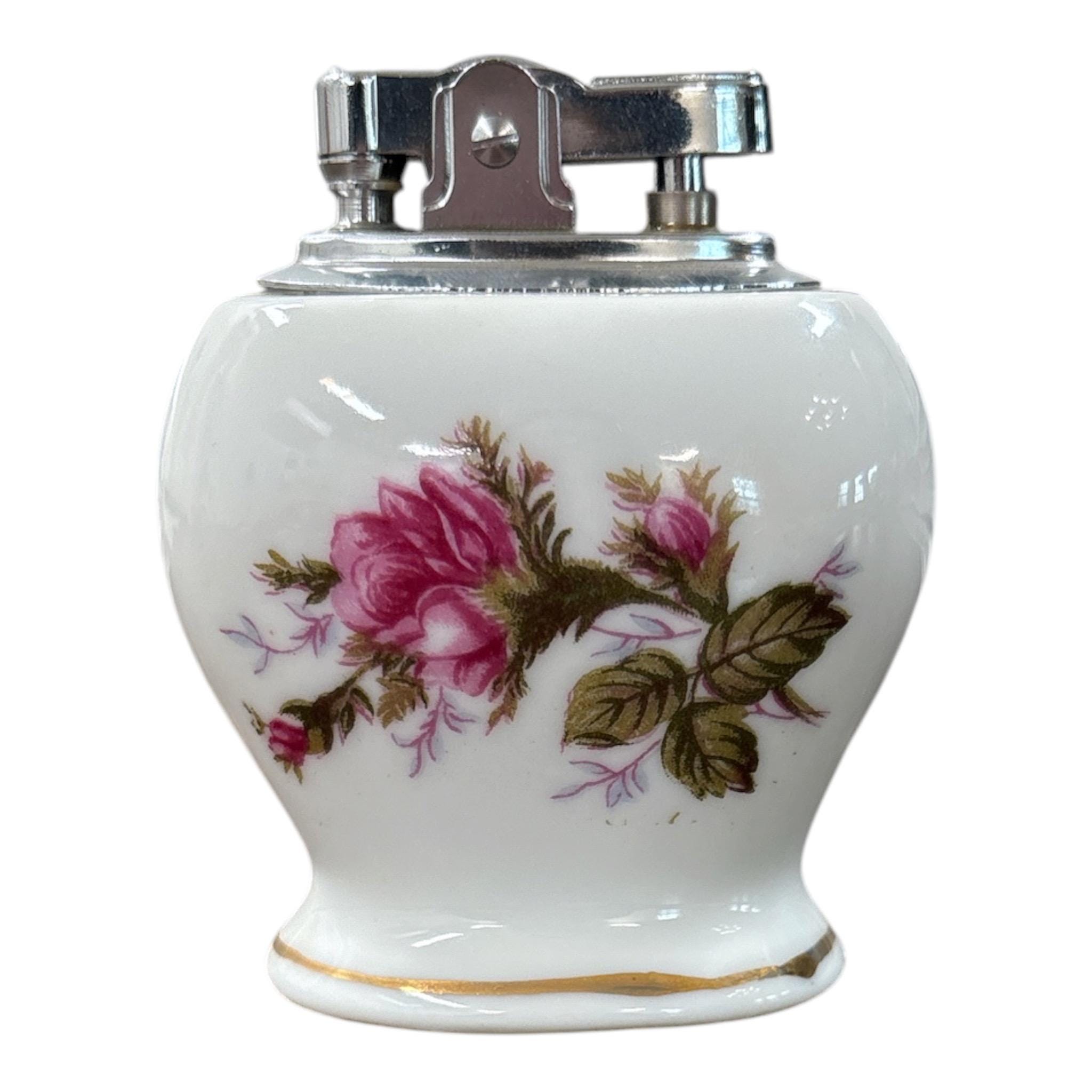Vintage Japan Porcelain Floral Cigarette Lighter Table Lighter Pink Roses Gold Trim