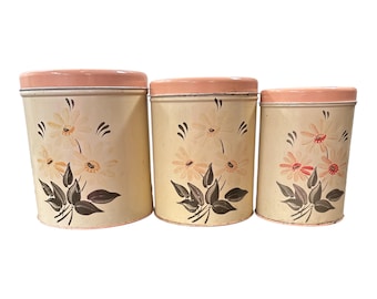 Vintage NC Colorware Floral Canister Set, Pink Daisy Kitchen Storage Tins (Set of 3)