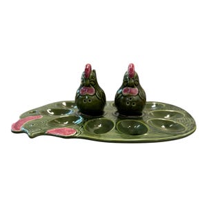 Vintage Green Chicken Deviled Egg Plate with Salt Shakers | Farmhouse Serving Dish