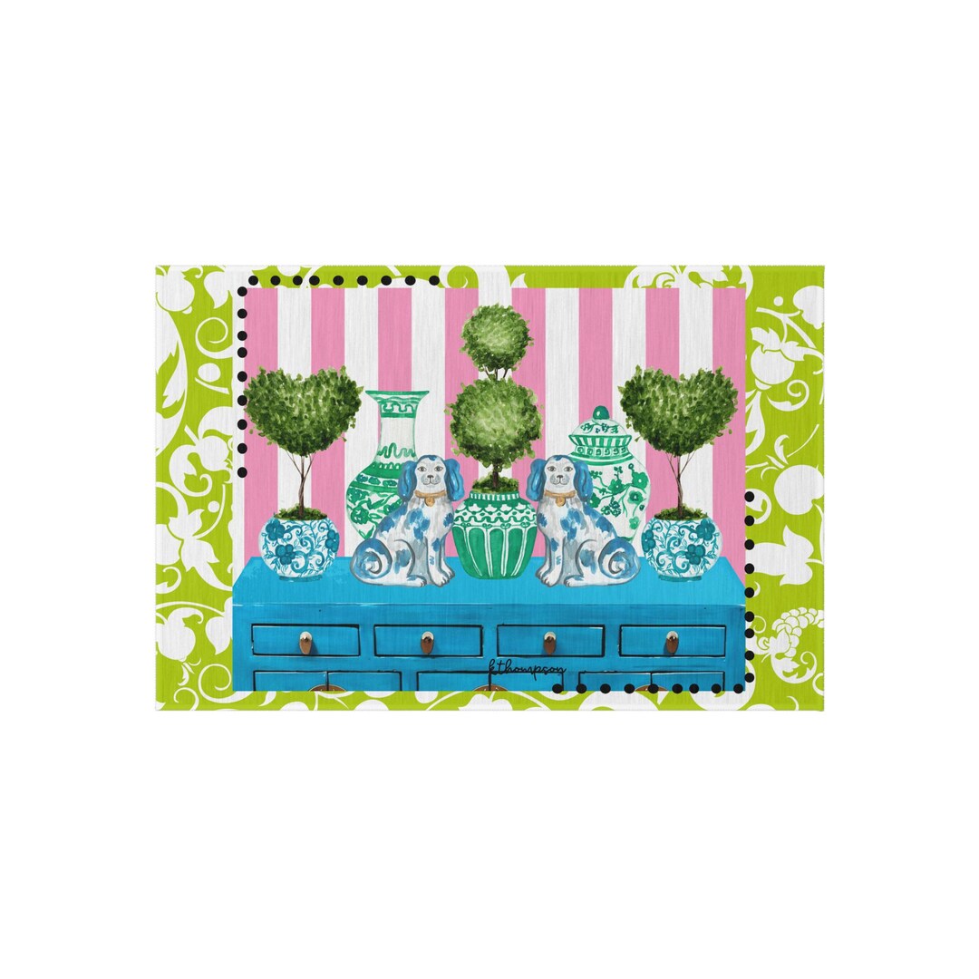 Topiary Design Rug Chinoiserie Dogs and Heart Topiary Outdoor Rug | Blue Console, Pink ...