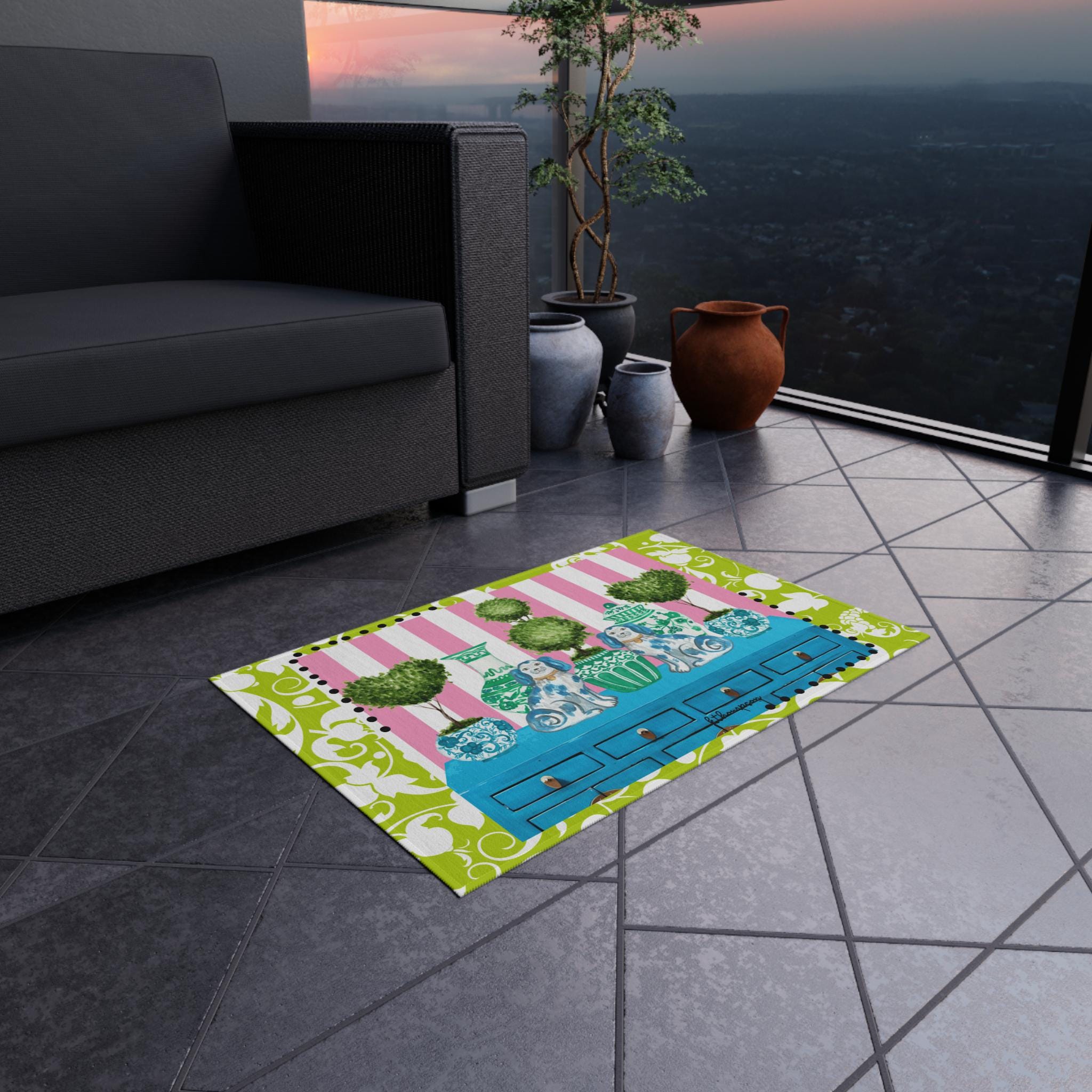 Topiary Design Rug Chinoiserie Dogs and Heart Topiary Outdoor Rug | Blue Console, Pink ...