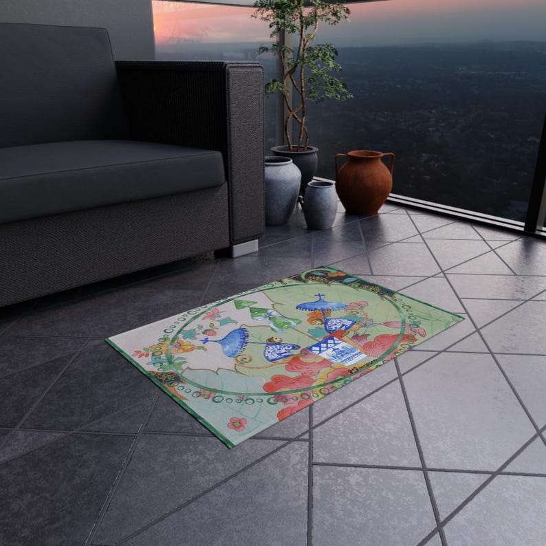 Chinoiserie Garden Scene Outdoor Rug | Floral Blue Pagoda Design - Etsy