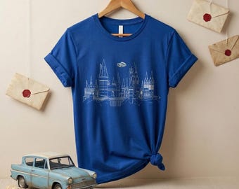 Flying Car Family Vacation Tee, Flying Car with Castle at Night Shirt,  Wizard Castle Car Shirt, Magical Castle Shirt