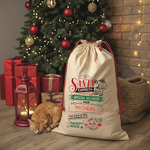 May include: A large beige Santa sack with red drawstring, featuring the text "SANTA EXPRESS" and "SPECIAL DELIVERY FOR MICHEAL". A sleeping orange tabby cat rests near the sack. A Christmas tree and gifts are in the background.