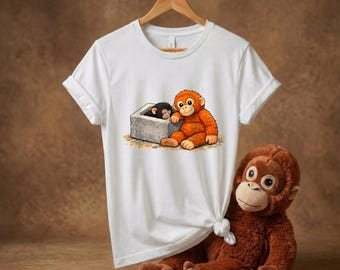 Retro Monkey Punch Shirt, Baby Monkey Holding Plush Toy, Monkey Punch Graphic Shirt, Emotional Gift for Animal Lovers, Cute Trendy Shirt