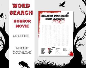 Może przedstawiać: Układanka wyszukiwania słów o tematyce Halloween, zatytułowana "Halloween Word Search Horror Movie Edition". Układanka znajduje się na białym tle z czerwoną obwódką i listą słów. Zawiera sylwetki wron i gałęzi drzew.