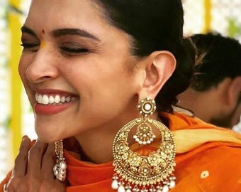Deepika Gold Chandbali| Sabyasachi Replica| Statement Pearl Earrings| Bollywood| Bridal Jewelry| Indian Bridal Earrings| Deepika Earrings
